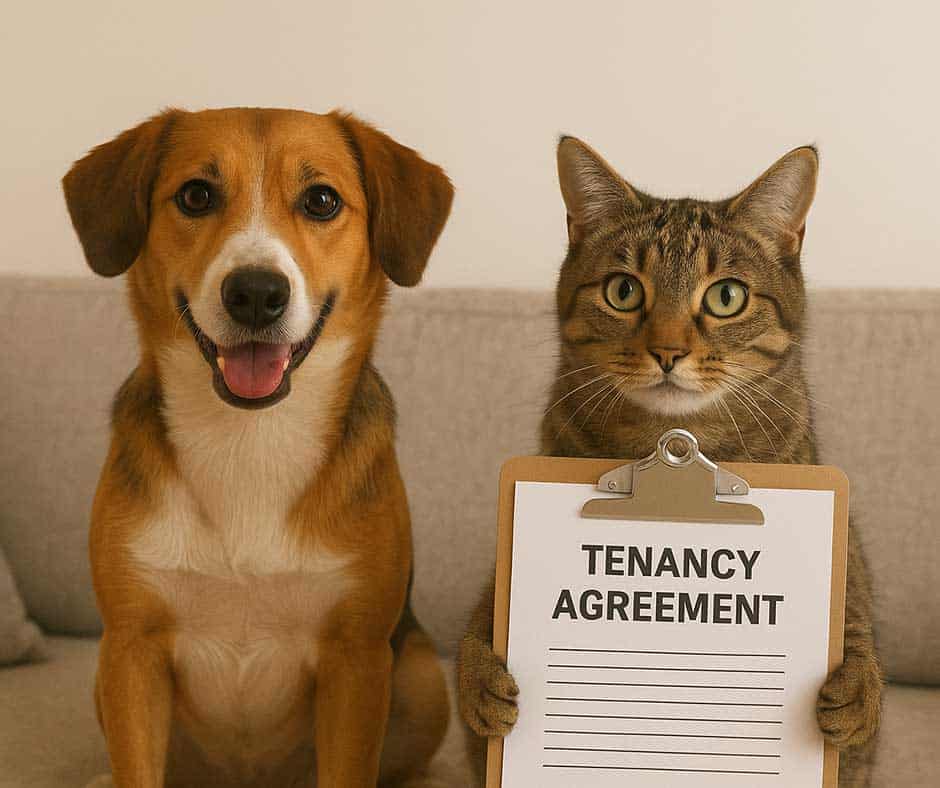 A dog and a cat sitting with a tenancy agreement