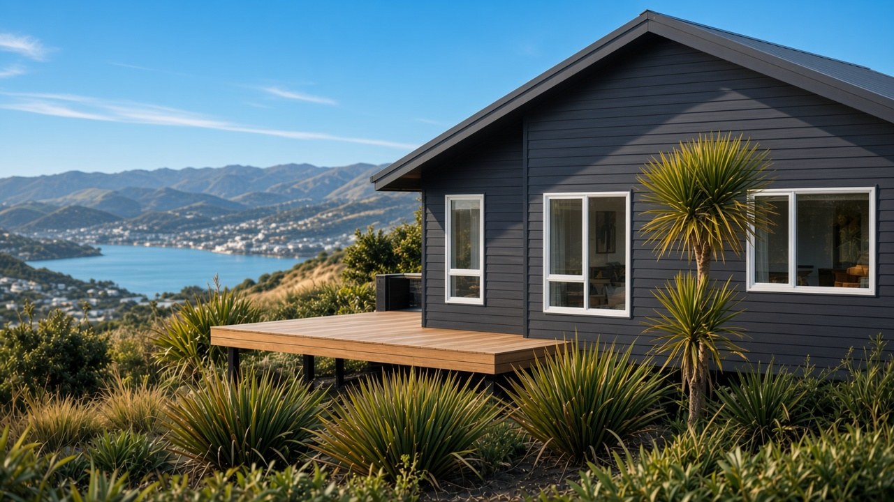 A dark weatherboard Wellington home on a hillside above the harbour, in warm afternoon light