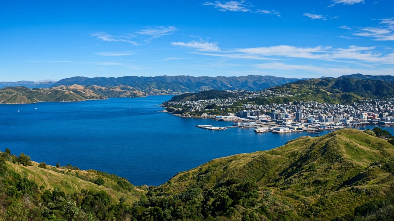 Wellington harbour and the city from the hills on a clear day